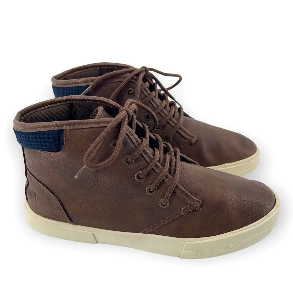 Nautica Breakwater Boy’s Brown Faux Leather Casual Ankle Bootie Sneakers Size 4